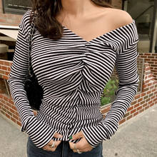 2022 Work Wear Women T-shirt Long Sleeve Striped Stretchy Tees Casual V Neck Korean Knitted Tops Spring Fall Tshirt Drop Ship 2024 - buy cheap