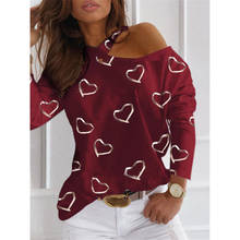 Women Spring Casual Heart Print Tee Shirt Elegant Off Shoulder O Neck Long Sleeve Top Fashion Lady Halter T Shirt Streetwear 3XL 2024 - buy cheap