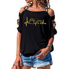 Camiseta con estampado de pata de corazón para mujer, camisa divertida informal de algodón con estampado de gato y perro, camiseta Sexy de manga corta con hombro calado 2024 - compra barato