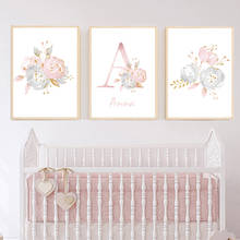 Tela de pintura personalizada para quarto de bebê, impressão com nome, tela de pintura floral, flor e rosa, unicórnio decorativo de parede sem moldura 2024 - compre barato