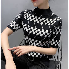 Летняя мода 2020, тонкая Корейская футболка, женские вязаные клетчатые сексуальные топы с коротким рукавом, футболки с воротником «хомут», женская одежда черного цвета 2024 - купить недорого