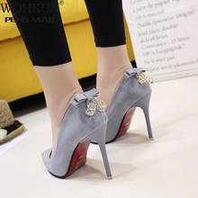 Spring And Autumn New Korean Pink High Heels Pointed Stiletto Fashion Shoes Suede Shallow Mouth Bow Single Shoes 2024 - buy cheap