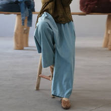 Johnature-pantalones de pierna ancha de lino para mujer, ropa holgada de cintura elástica, Vintage, color azul, Otoño, 2021 2024 - compra barato