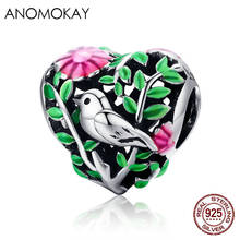 Anomokay Spring Collection 100% 925 Sterling Silver Bird Forest Charm Beads fit Women Bracelet Necklace S925 Green Jewelry Gift 2024 - buy cheap