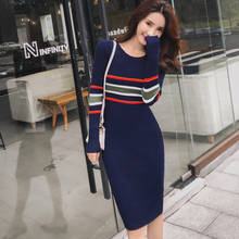 Women Long Sleeve Casual Womens Dresses New Arrival 2019 Runway Dresses High Quality Print Striped Sheath Bodycon Knitted Dress 2024 - buy cheap