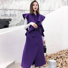 Purple Long Wool Vest Coat Korean Women Covered Button Elegant Ruffled Belted Double Sided Cashmere Woolen Coat Winter Outwear 2024 - buy cheap