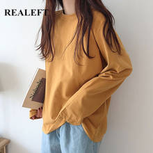 Realeft camiseta solta de algodão feminina, camiseta de manga longa com botão sólido casual estilo minimalista coreano, novo, 2021 2024 - compre barato