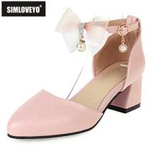 SIMLOVEYO New 2021 Ladies Pumps Round Toe 5cm Block Heels Faux Pig Leather Buckle Pearl Bowtie Sweet Breathable Party B2297 2024 - buy cheap