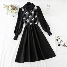 2021 New Spring Splicing Knitted Women Dress Half high collar Print Long Sleeve Dresses A-line Vintage Black Dress Vestidos 2024 - buy cheap