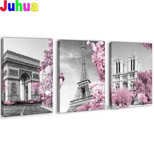 5d diy redondo/quadrado pintura diamante tríptico torre de paris flor rosa cidade construção 3 peças diamante mosaico broca de bordado, 2024 - compre barato