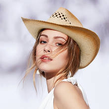 Vintage Unisex Raffia Straw Bohemia Style Hollow-out Wide Brim Beach Cowboy Cowgirl Western Hat Spall Stone Knitted Band (58cm) 2024 - buy cheap