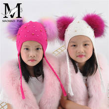 Crianças quentes chapéus de inverno dupla pele real pom pom angora chapéu de malha para o bebê meninos meninas bolas de pele de guaxinim real gorro boné 2024 - compre barato