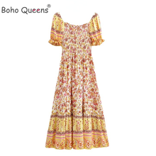 Boho Queens Women Floral Print  Beach Bohemian Maxi Sundress Ladies Short Sleeve  Cotton Happie Dress Vestidos 2024 - buy cheap
