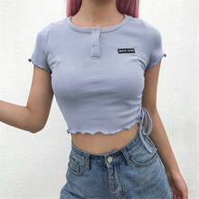 2020 Summer Knit Sexy Women Letter Short Sleeve Crop Top Button Elastic Tshirt V-Neck Casual Purple Crop Tops Short Shirt Tee 2024 - buy cheap