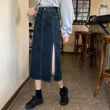 Estilo coreano feminino casual denim saia vintage cintura alta em linha reta azul magro saias senhoras sexy split jeans saia 2024 - compre barato