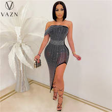 VAZN 2021 New Heavy Industry Diamonds Asymmetrical Sexy Club Elegant One Off Shoulder Solid High Waist Women's Thin Maxi Dress 2024 - buy cheap