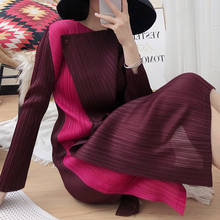Miyake Pleated Patchwork Dress Women Fall 2021 Contrast Stitching One Button Two piece Casual Long Sleeve Aesthetic Clothes 2024 - buy cheap