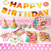 Vajilla desechable de Donut Fiesta Temática, servilletas de papel con banderines, decoración de fiesta para Baby Shower con diseño de cumpleaños 2024 - compra barato