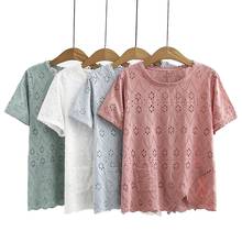 Camiseta feminina bordada floral, plus size, manga curta, gola redonda, tamanho grande, elegante, roupa de trabalho, verão 2024 - compre barato