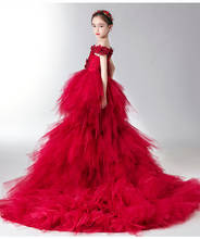 Vestidos de princesa sin hombros para niñas, vestido de fiesta de noche de cola larga, apliques rojos de tul, vestido de boda de flores 2024 - compra barato