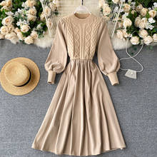 Elegant Solid Women Dress Fashion Korean Splice Knitted O Neck Puff Sleeve Dresses Autumn Streetwear A-line Dress 2020 2024 - buy cheap