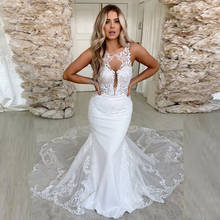 2021 White Mermaid Wedding Dresses Sexy  Neck Lace Sleeveless Bridal Gowns Sexy Backless Sweep Train Wedding Vestidos 2024 - buy cheap