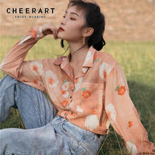 CHEERART Tie Dye Floral Long Sleeve Top And Blouse Rose Print Orange Button Up Shirt Korean Fashion Fall 2020 Women Clothing 2024 - buy cheap