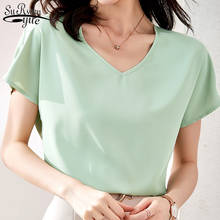 2021 летние, с v-образным вырезом, универсальная рубашка для женщин с коротким рукавом Свободные атласные женские блузки шелк дикий шифоновая блузка Blusas Mujer 9611 2024 - купить недорого