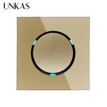 UNKAS-Panel de cristal dorado, interruptor de luz de pared con indicador LED, 3 Entradas, 1 vía, clic aleatorio, 2019 2024 - compra barato