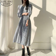 Women Floral Print Pleated Slimming Dresses Vintage autumn Dress 2021 Fashion V-Neck Casual Loose Long Dresses 3 Colors 10502 2024 - buy cheap