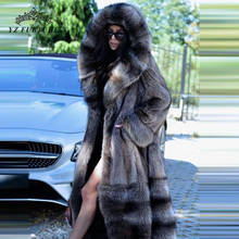 Casaco longo de pele de guaxinim com capuz, casaco feminino natural e luxuoso, novo, 2020 2024 - compre barato