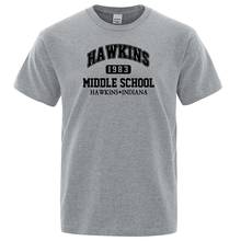 Camiseta de Stranger things para hombres, camisa de la escuela secundaria Hawkins, Punk, Rock, Fitness, informal, de moda, de algodón, de verano 2024 - compra barato