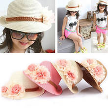 Nova moda meninas aba larga chapéu de palha trilby bonito flor decoração verão sol chapéus praia floral sunhat 2024 - compre barato