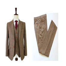 Novo vestido masculino slim fit retrô marrom espinha de peixe tweed vestido de casamento personalizado 3 peças (jaqueta + calça + colete) 2024 - compre barato