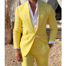 Amarelo linho praia ternos dos homens ajuste fino 2 peça casamento noivo smoking com lapela pico masculino moda traje blazer com calças 2024 - compre barato