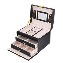 Organizador de couro pu 3 camadas, grande capacidade, preto, caixa de armazenamento de jóias, suporte de caixa com espelho, ótimo para exibição 2024 - compre barato