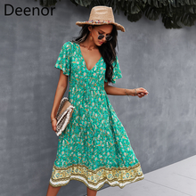 Deenor vestido de verão cottagecore vintage floral impressão profunda decote em v vestidos sexy 2021 roupas de férias para mulher vestido de verão 2024 - compre barato