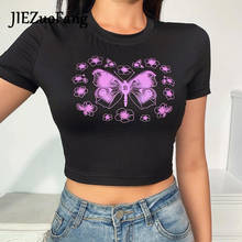Модная пикантная женская футболка JIEZuoFang в стиле панк, шикарная футболка с принтом бабочки в готическом стиле, вязаная короткая футболка с коротким рукавом и вырезом лодочкой 2024 - купить недорого