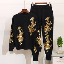 Autumn Fashion Sport Knitted Tracksuit Women Outfits Sequins Flowers Long sleeve Sweater Pants Set Female Loose Casual Knit 2pcs 2024 - buy cheap