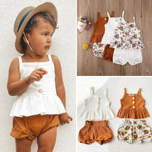 pudcoco 2Pcs Kids Baby Girl Clothes Sleeveless Button Ruffles Tops Dress Flower Shorts Pants Outfit Summer 2024 - buy cheap