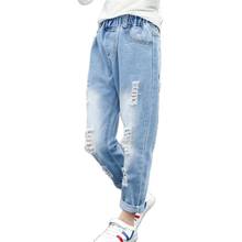 Jeans rasgados para meninas 2019 verão luz azul solto casual crianças calças jeans cintura elástica adolescentes calças jeans 3-16y 2024 - compre barato