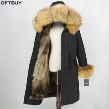 Oftbuy jaqueta de inverno feminina, casaco de pele real com capuz de pele de raposa natural, à prova d'água, forro de pele de raposa 2024 - compre barato