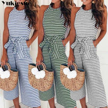 Elegant Sexy Jumpsuits Women Sleeveless Striped Jumpsuit Loose Trousers Wide Leg Pants Rompers Holiday Belted Leotard Overalls 2024 - buy cheap