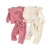 2Pcs Toddler Baby Girl Clothes Ruffle Long Sleeve Solid Color Top+Solid Bowknot Pants Trousers Autumn Cotton Outfit Set 2024 - buy cheap