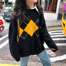 Повседневный свободный винтажный свитер с геометрическим узором в стиле Харадзюку, корейский вязаный пуловер 2020, осенне-зимний пуловер с длинным рукавом и круглым вырезом 2024 - купить недорого