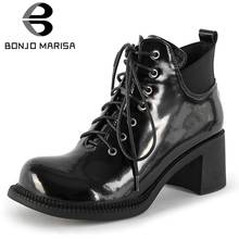 BONJOMARISA Female Patent Leather Round Toe High Heels Ankle Boots shoes lace Sqaure Toe Brand Boots Women Casual Shoes Woman 2024 - buy cheap