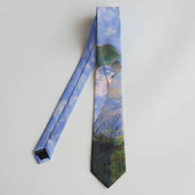 Frete grátis nova moda masculina original pintura a óleo [mulher com guarda-chuva] azul e roxo monet impressão gravata retro 2024 - compre barato