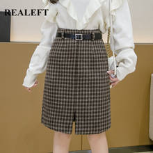 REALEFT-Falda Midi de lana para mujer, abrigo de cintura alta a cuadros Vintage con cinturón, abertura frontal, otoño e invierno, 2021 2024 - compra barato