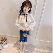 Spring 100% Cotton Plaid Lace White Blouse Summer Striped Shirt Korean Baby Long Sleeve Tops Cute Shirts School Girls Blouses 2024 - buy cheap