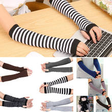 Lady Stretchy Soft Knitted Wrist Arm Warmer Long Sleeve Fingerless Gloves Striped NOV99 2024 - buy cheap